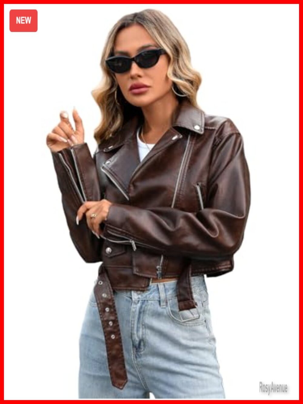 Faux Leather Cropped Biker Jacket With Belt